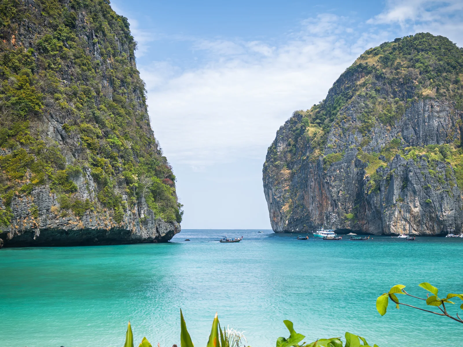 Türkisfarbenes Wasser in der Maya Bay zwischen zwei hohen Kalkfelsen, die den Eingang der Bucht bilden, im Vordergrund Blätter