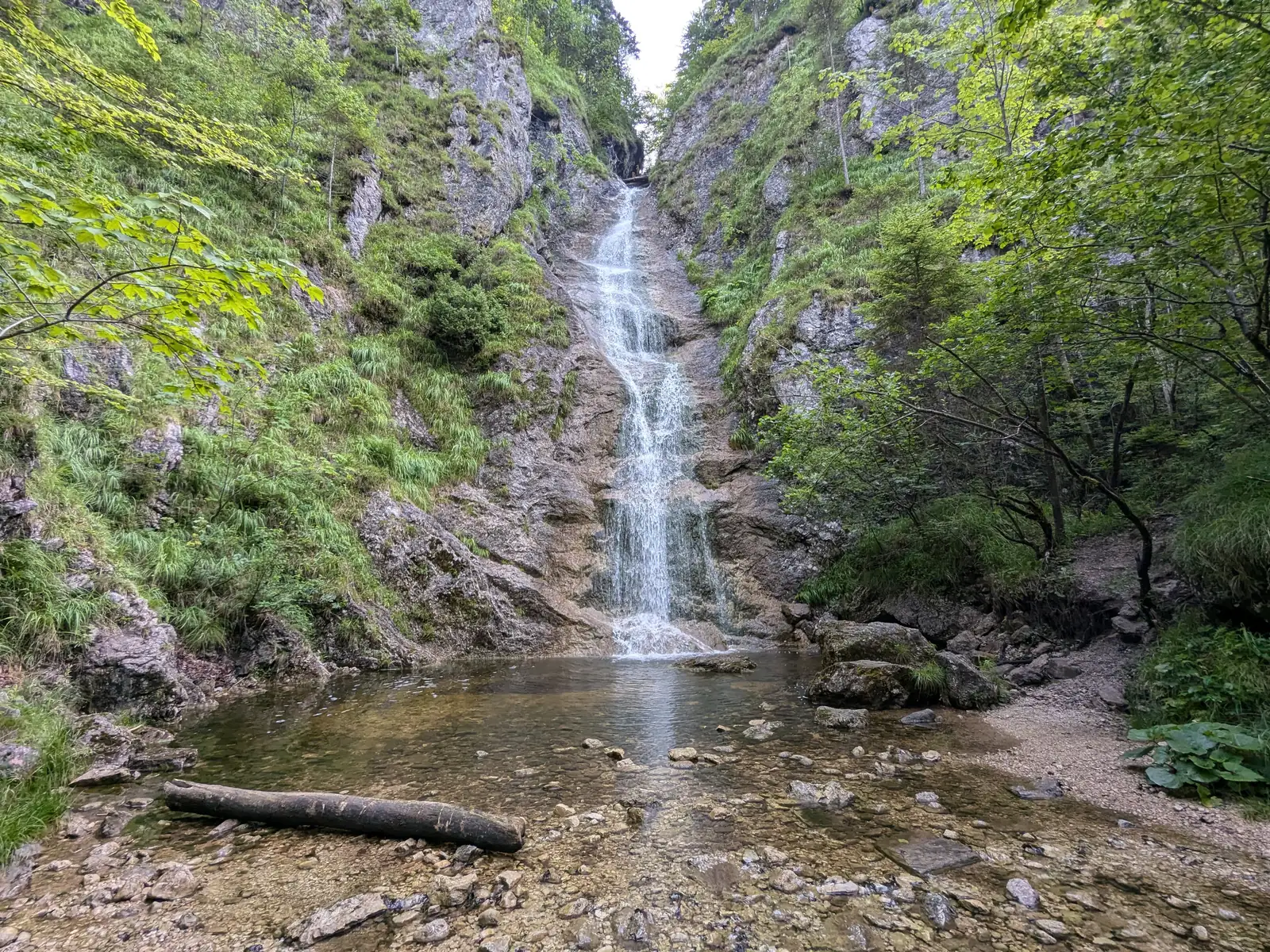 Der Schleierfall des Hochschlachtbachs im Nationalpark Kalkalpen stürzt über eine Felswand in ein flaches Becken im Reichraminger Hintergebirge
