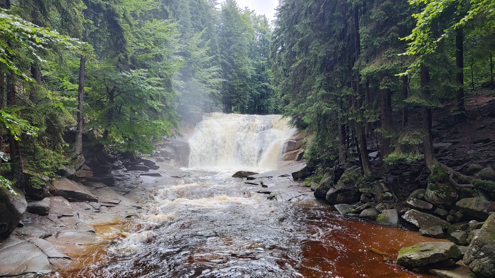 Der Mummelfall im Nationalpark Riesengebirge stürzt über Granitstufen in ein Becken, ringsum Fichtenwald