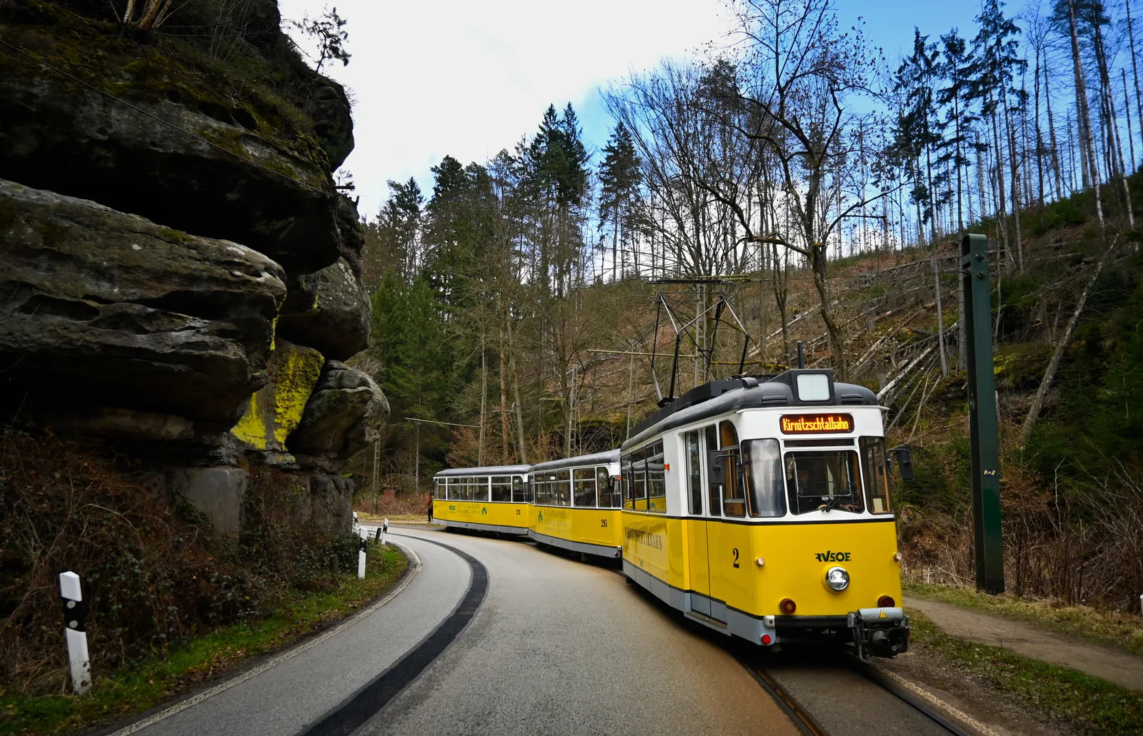 Gelbe Kirnitzschtalbahn auf der Fahrt durch das bewaldete Kirnitzschtal im Nationalpark Sächsische Schweiz, links Sandsteinfelsen am Straßenrand