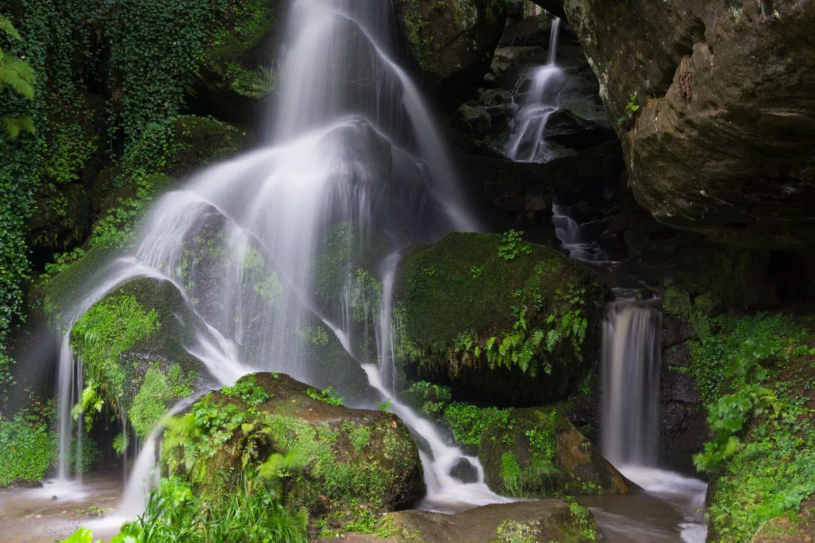 Der Lichtenhainer Wasserfall im Kirnitzschtal stürzt über bemooste Sandsteinfelsen, Nationalpark Sächsische Schweiz