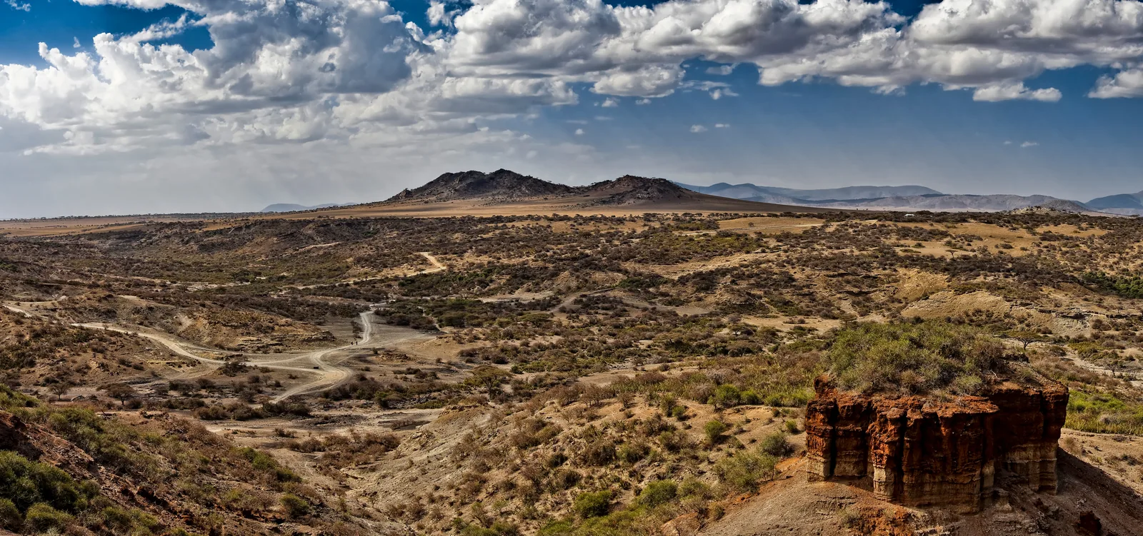 Die Olduvai-Schlucht vom Museum aus: trockene Schichten, ein roter Felsturm und weite Ebene unter Wolken