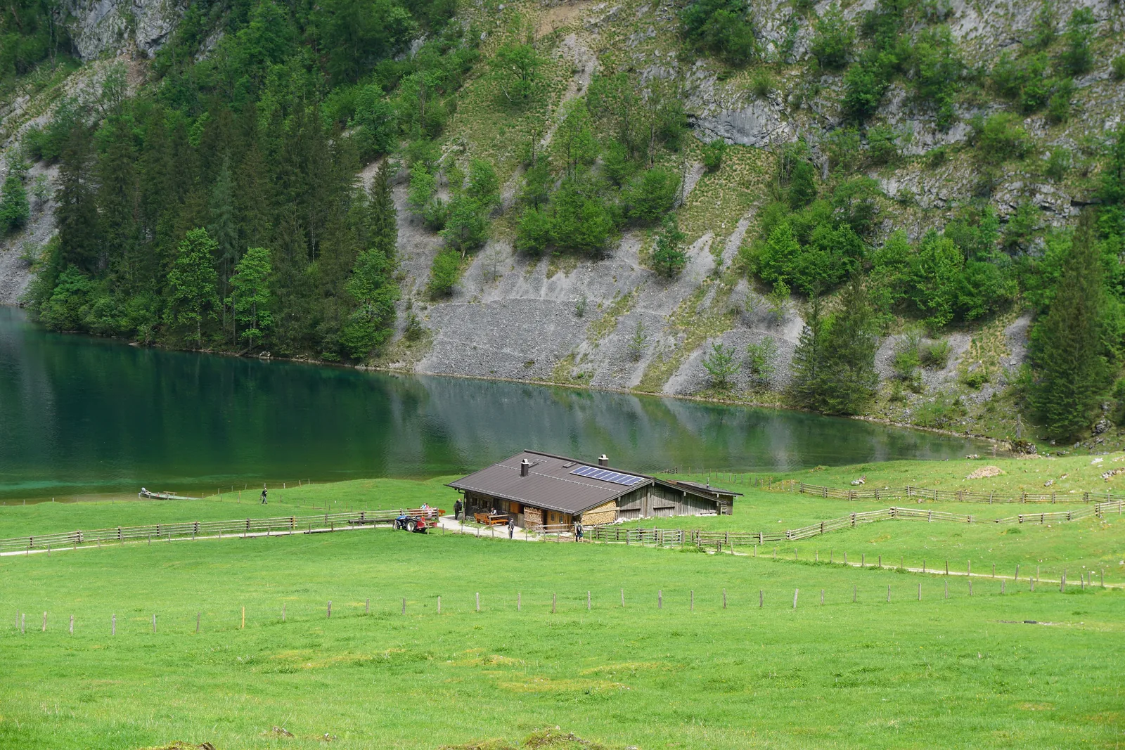 Die Fischunkelalm auf dem grünen Almboden am Südende des Obersees im Nationalpark Berchtesgaden