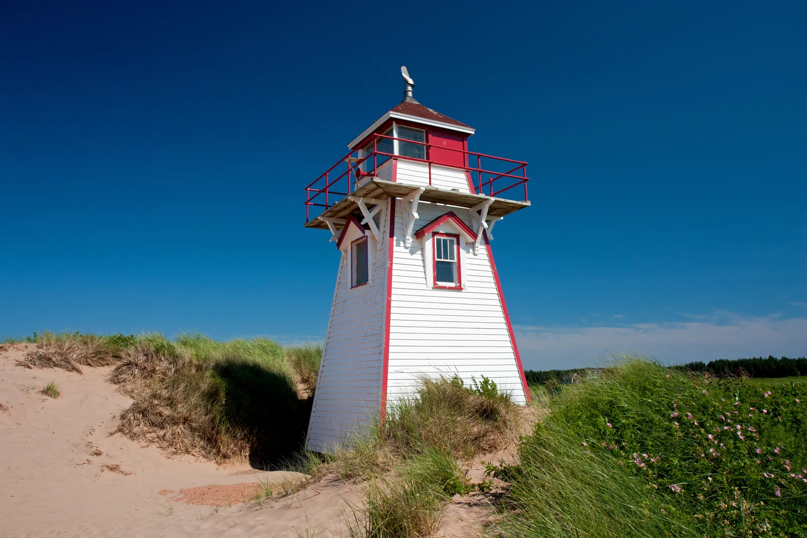 Der weiße, sich nach oben verjüngende Holzleuchtturm von Covehead mit roter Laterne steht vor tiefblauem Himmel auf einer mit Strandhafer bewachsenen Düne
