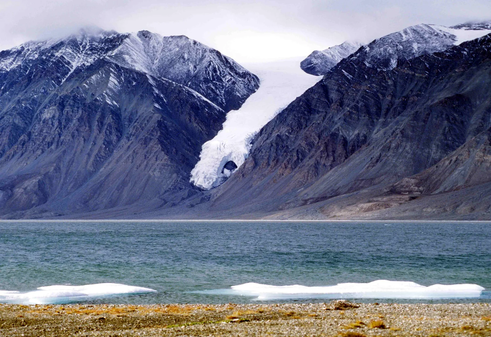 Ein Gletscher schiebt sich zwischen dunkle, schneegestreifte Berge zum Ufer eines Fjords, am Strand liegen Eisschollen