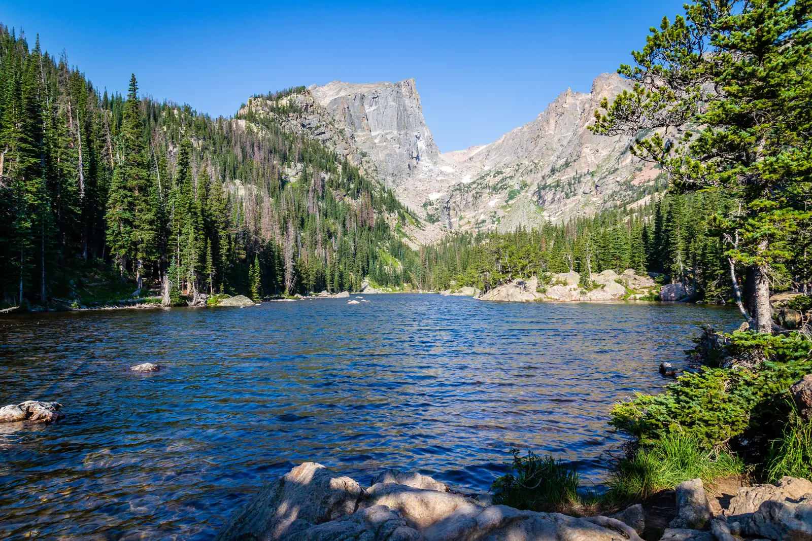 Ein klarer Bergsee zwischen Nadelbäumen, dahinter steigt eine helle, gestufte Granitwand steil aus dem Wald auf