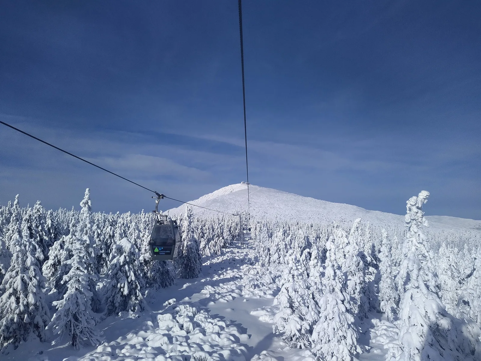 Eine Kabine der Seilbahn zur Schneekoppe über verschneiten Fichten, im Hintergrund der weiße Gipfelkegel