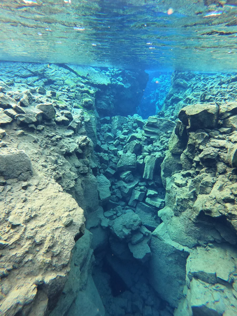 Blick unter Wasser in die Silfra-Spalte: türkisblaues, klares Wasser zwischen hellen Lavawänden