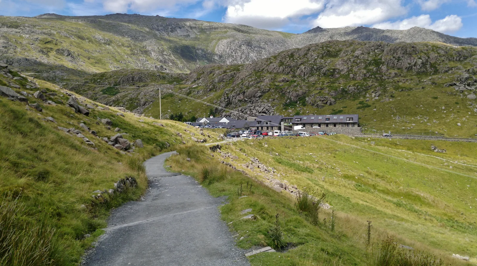 Der Weg am Ende des Miners’ Track bei Pen y Pass im Snowdonia-Nationalpark, dahinter die Jugendherberge und Berge