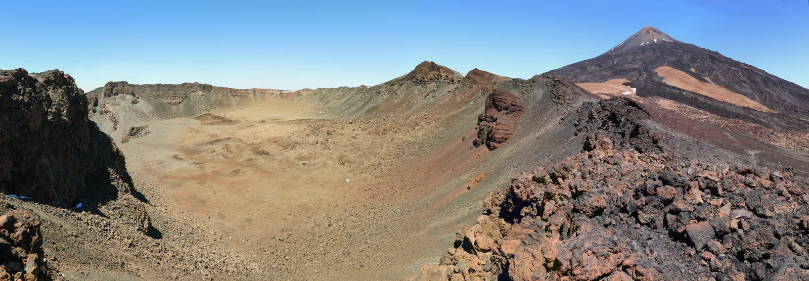 Panorama vom Grat: links der weite, farbige Krater des Pico Viejo, rechts der Gipfelkegel des Teide
