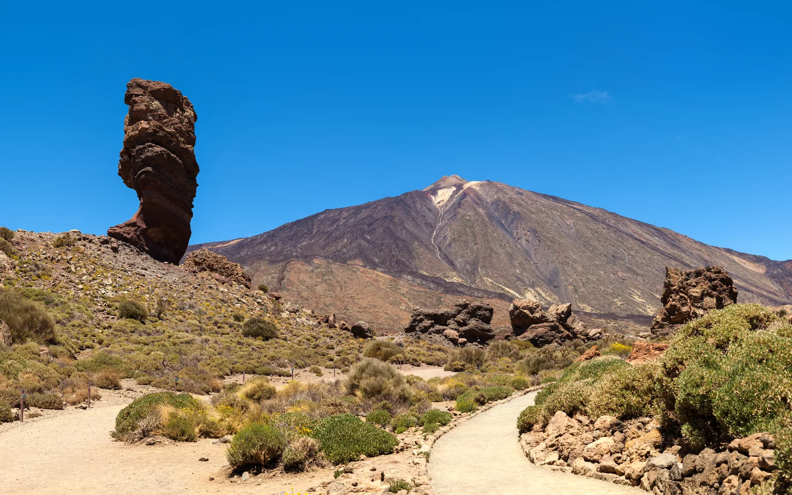 Der Roque Cinchado steht als schmaler Fels vor dem Kegel des Teide, davor der helle Weg durch die Cañadas