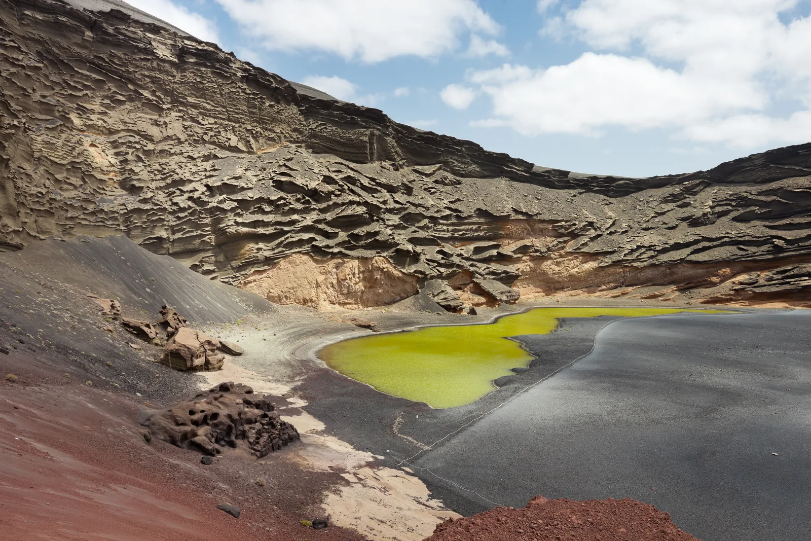 Die grüne Lagune Charco de los Clicos vor dem schwarzen Strand und der halben Kraterwand von El Golfo