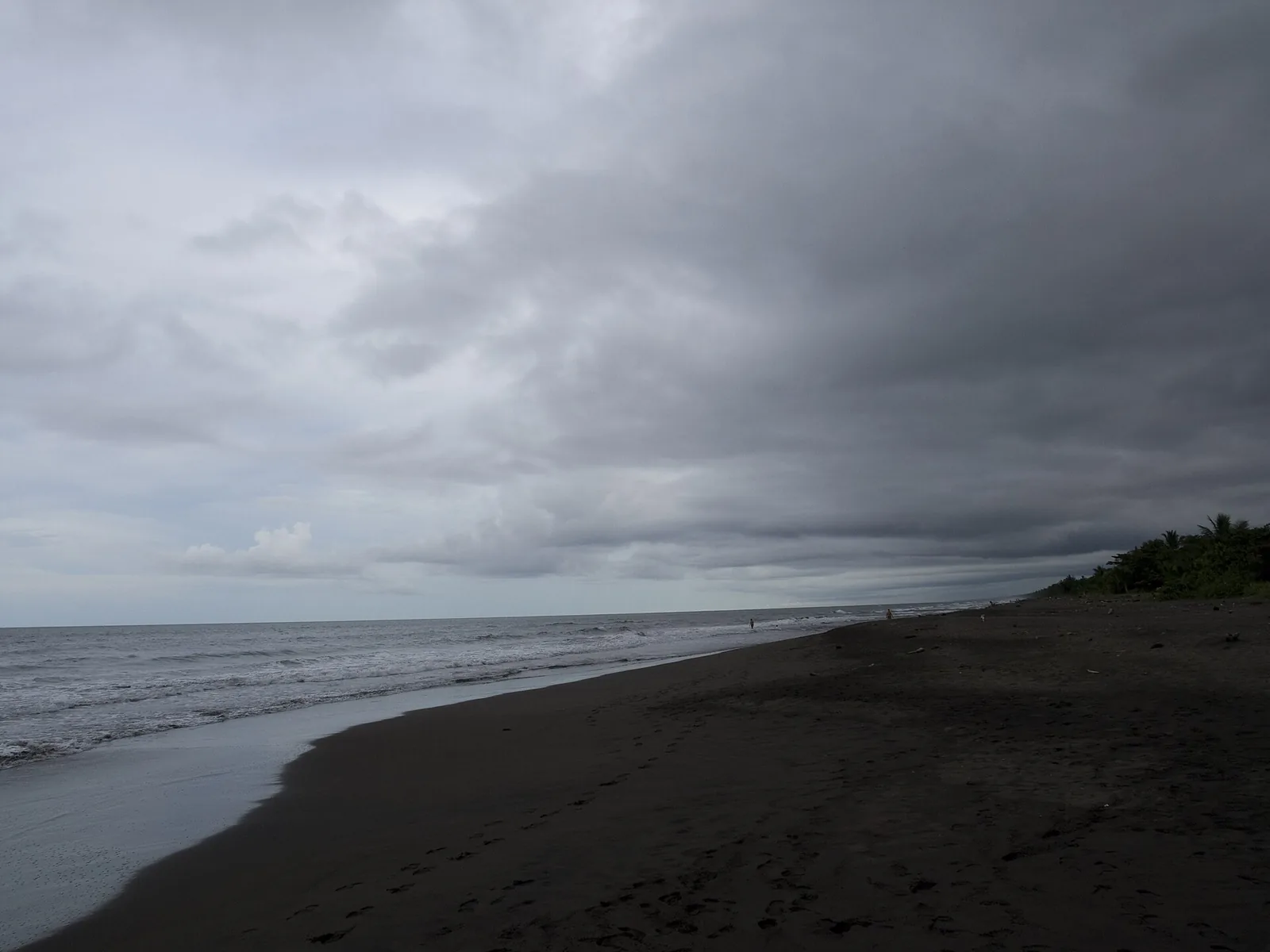 Der dunkle Sandstrand von Tortuguero an der Karibikküste unter grauem Himmel, rechts der Waldrand