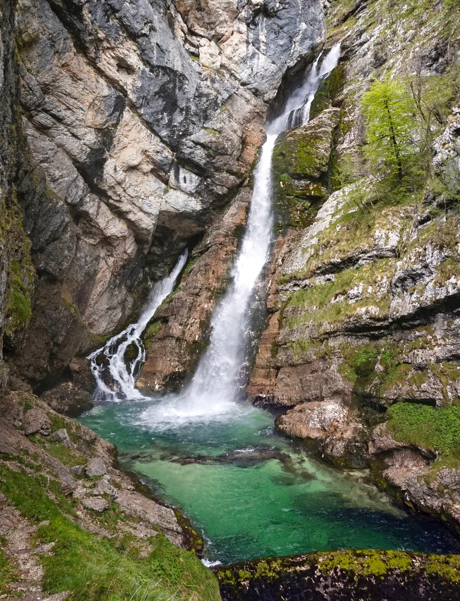 Der Savica-Wasserfall stürzt aus einer Felswand in ein grünes Becken