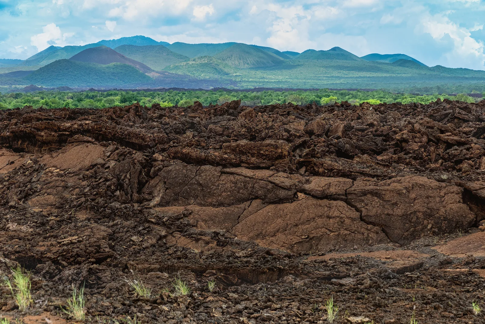Das schwarze, zerklüftete Lavafeld des Shetani im Tsavo-West-Nationalpark, dahinter grüne Hügel unter einem bewölkten Himmel