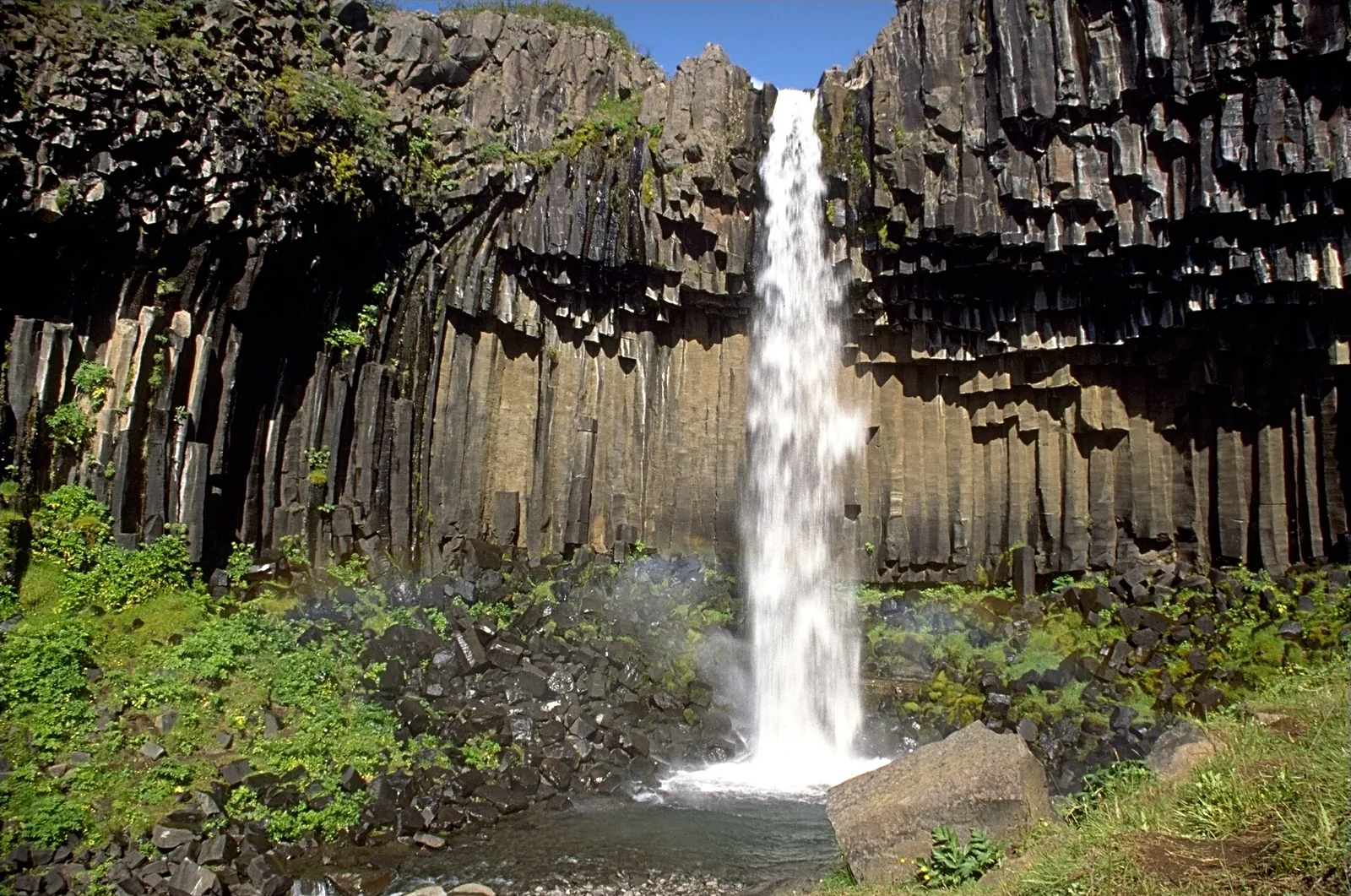 Der Svartifoss im Vatnajökull-Nationalpark fällt über dunkle Basaltsäulen, davor grüne Hänge und Geröll