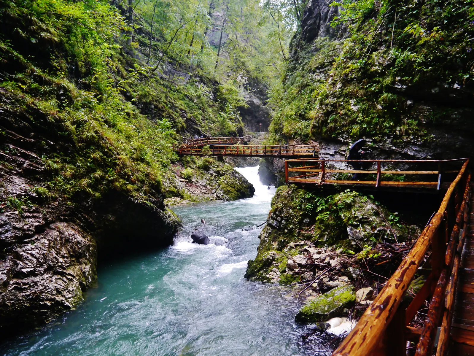 Blick durch die Klamm: Stege an beiden Felswänden, dazwischen die Radovna