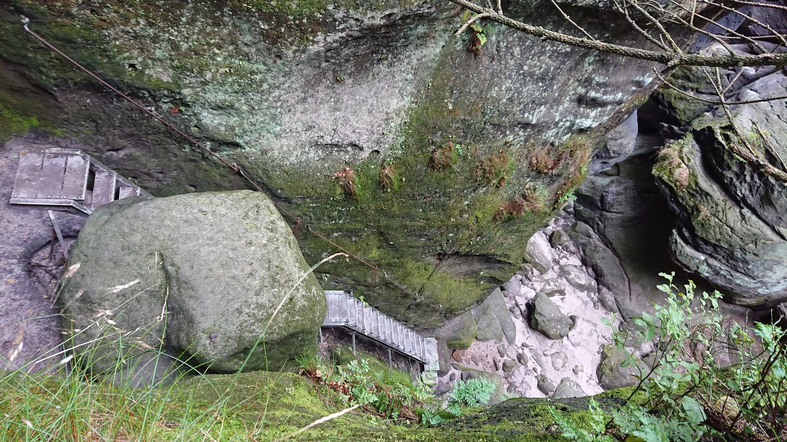 Holztreppe und bemooste Felsblöcke in der Wilden Hölle, dem Aufstieg zum Carolafelsen in den Affensteinen