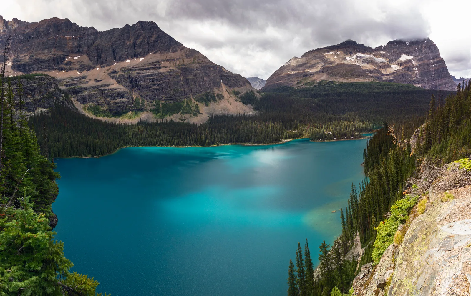 Der türkisfarbene Lake O'Hara im Yoho-Nationalpark in seinem Felskessel, ringsum Nadelwald und steile Gipfel.