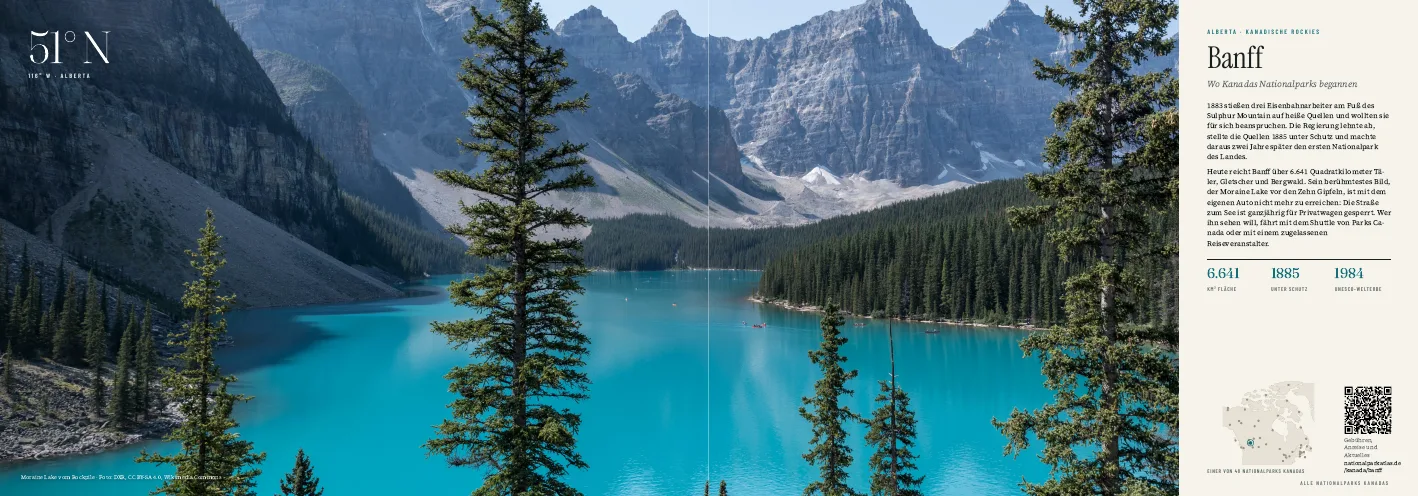 Doppelseite Banff aus dem Bildband: Moraine Lake vor den Zehn Gipfeln, daneben Text, Kennzahlen und Kanada-Karte
