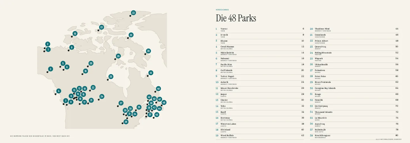 Übersichtskarte des Bildbands mit allen 48 Nationalparks Kanadas und Verzeichnis