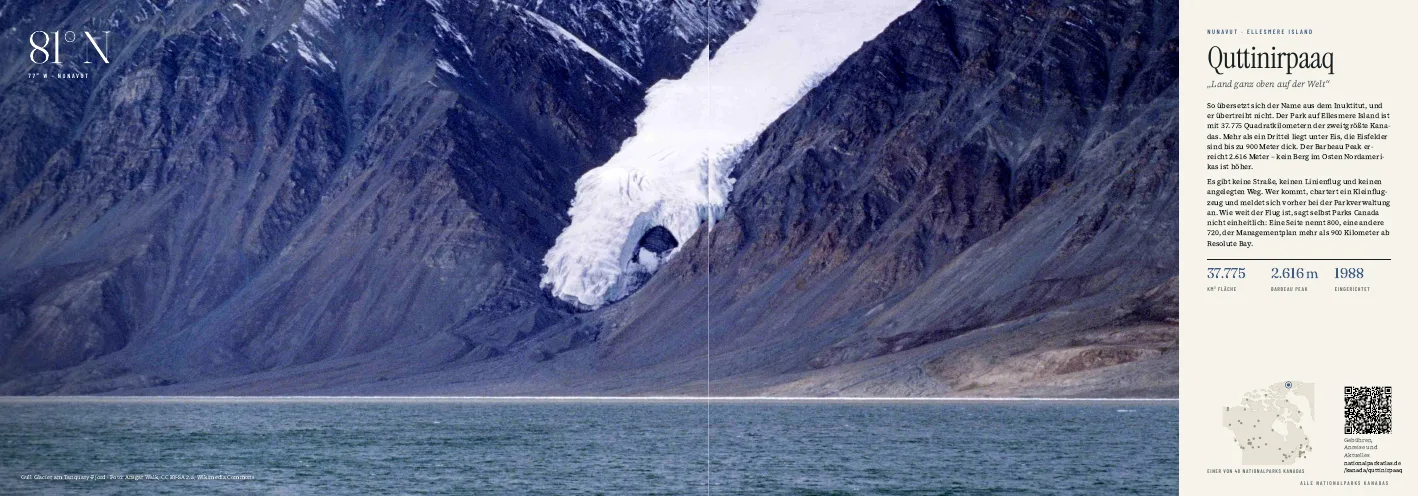 Doppelseite Quttinirpaaq aus dem Bildband: Gletscher am Tanquary-Fjord auf Ellesmere Island